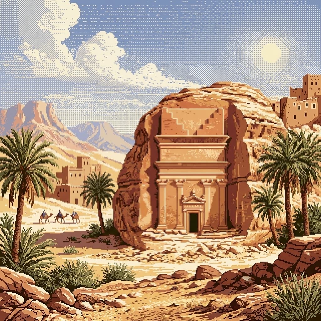 A rock-cut tomb in the AlUla desert, framed by palm trees