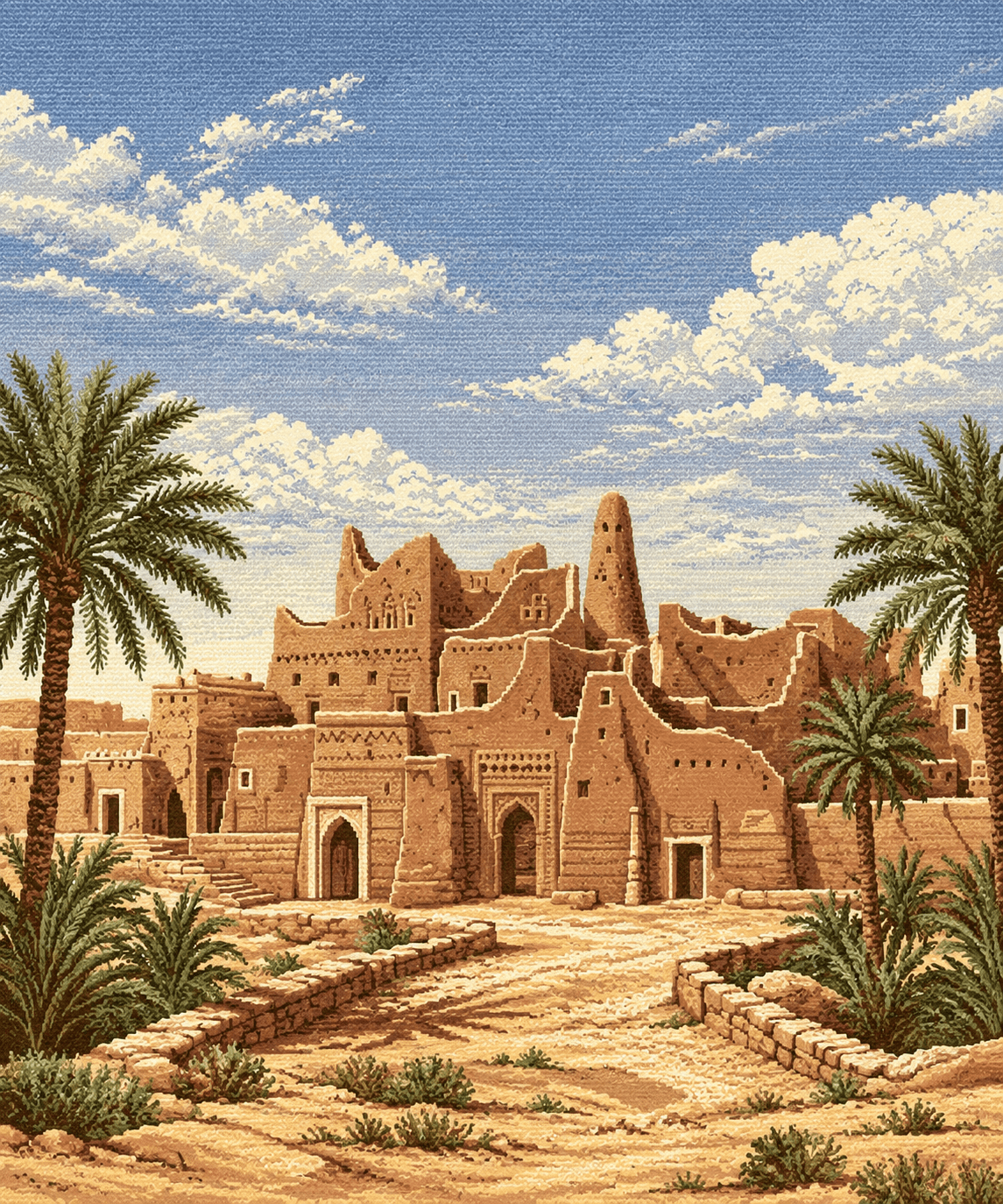 The historic mud-brick ruins of Diriyah, framed by palm trees
